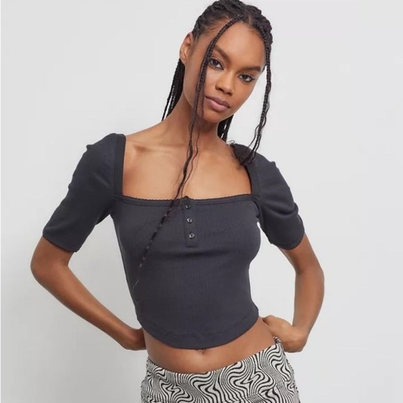 Urban Outfitters Blue Charli Crop Henley Ribbed Top - Picture 6 of 6